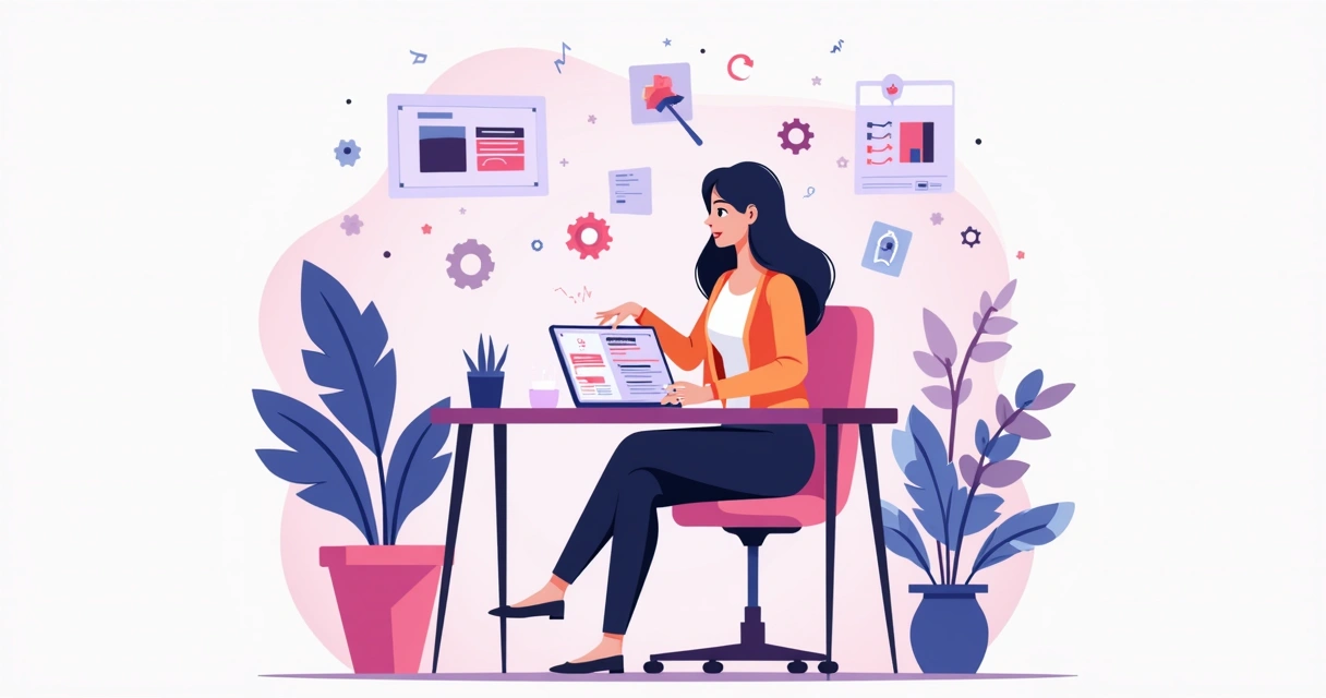 Ilustração corporativa plana mostrando mulher empreendedora trabalhando com elementos de design e tecnologia ao redor 