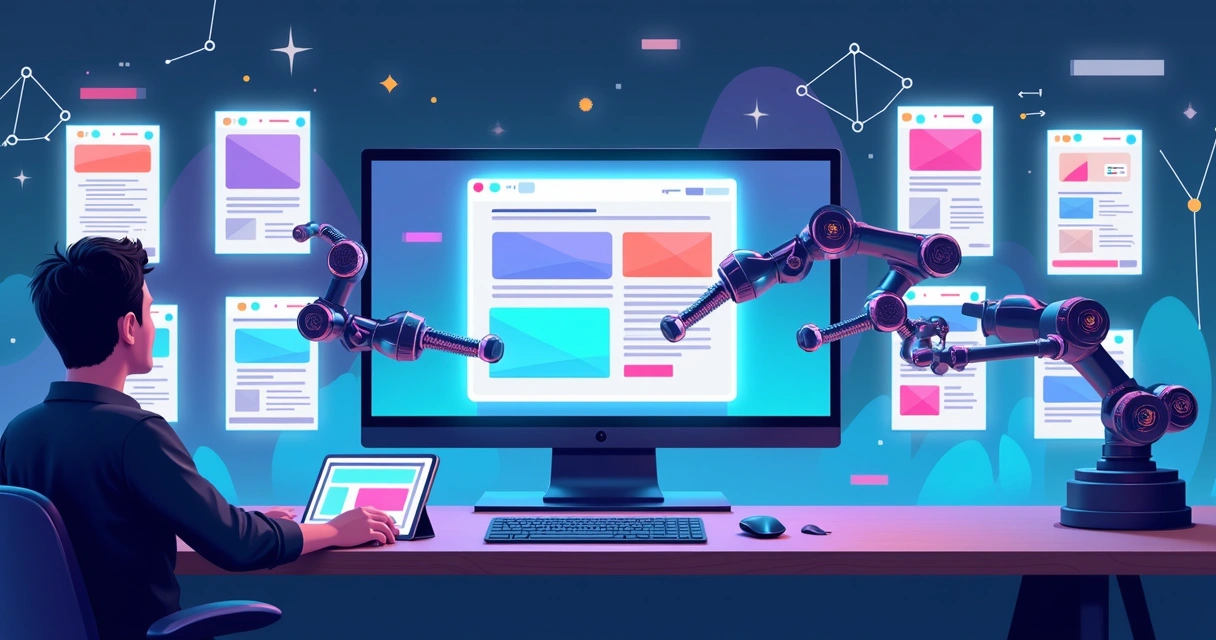 Visual de landing page sendo moldado por braços robóticos em estúdio digital 