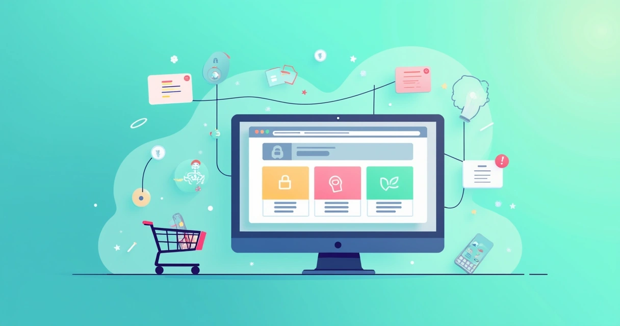 Ilustração de um site de e-commerce com design intuitivo e cores harmoniosas, representando a usabilidade e estética no comércio online.