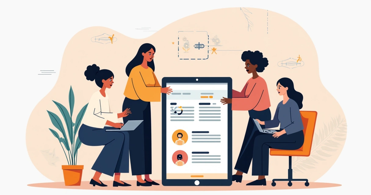 Ilustração corporativa plana de mulheres empreendedoras diversas colaborando com elementos de design inclusivo e tecnologia 