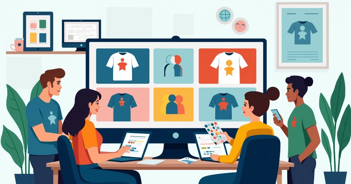 Ilustração de equipe criando estampas inclusivas em produtos variados 