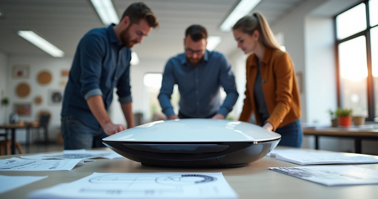 Equipe discutindo protótipo de produto com design moderno 