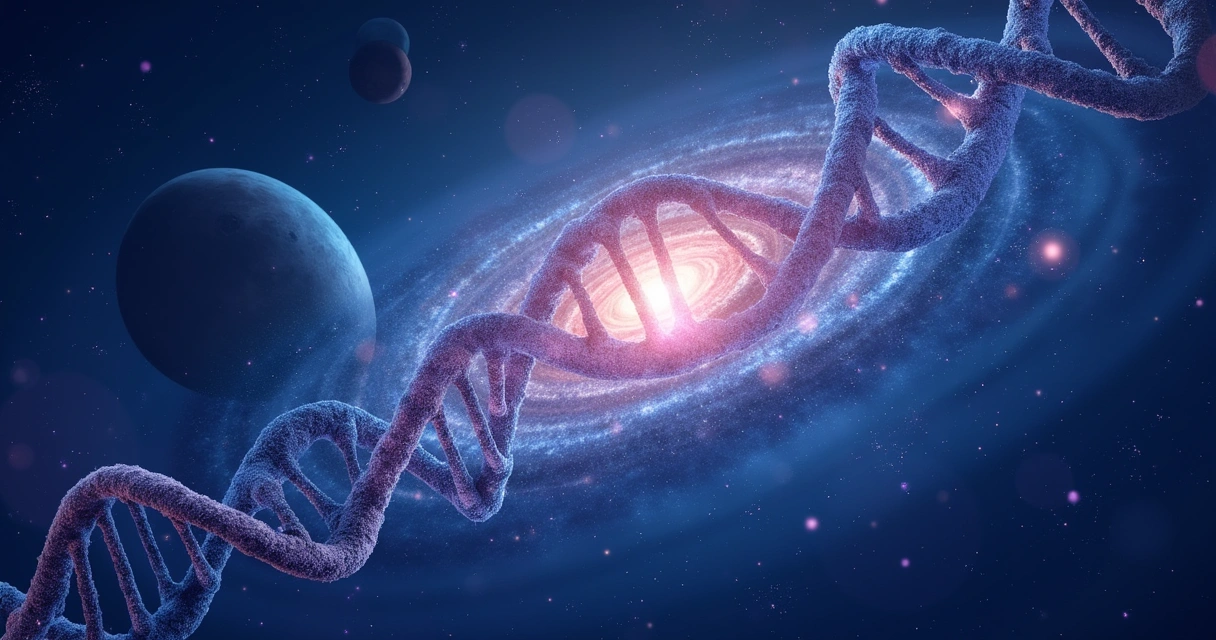 Representação gráfica do universo se conectando com estruturas de DNA 