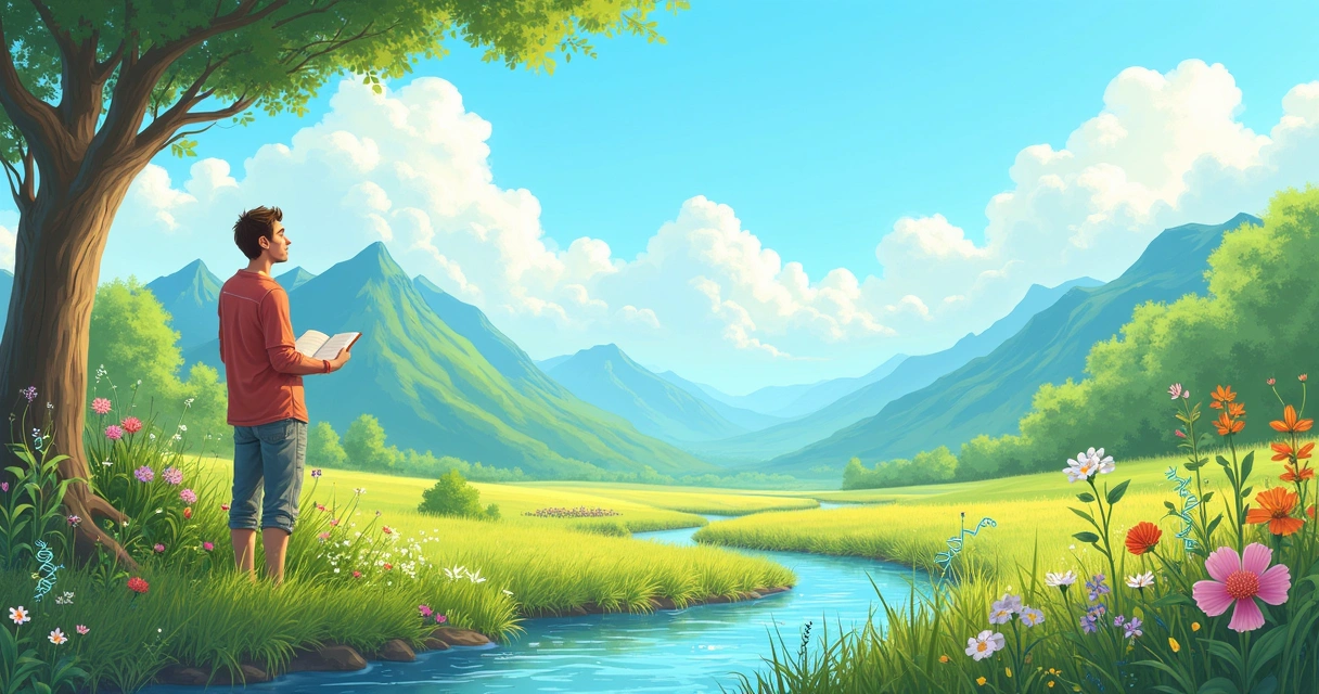 Ilustração de um cenário natural sereno simbolizando o Design Inteligente, com flora, um rio e um homem refletindo.