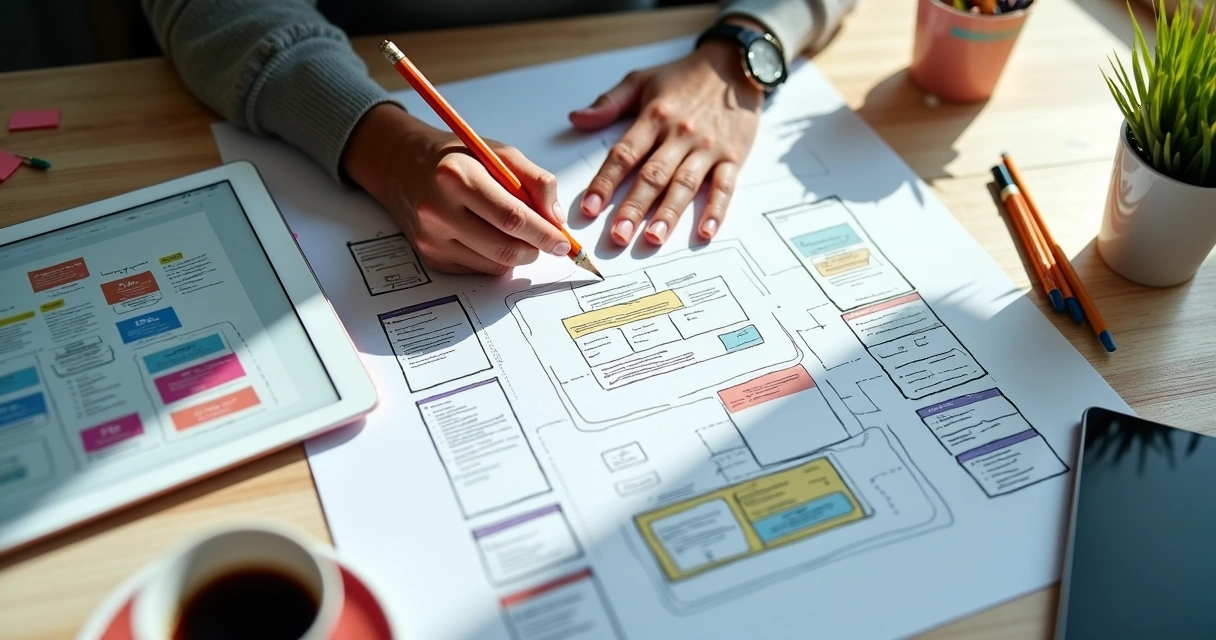 Designer esboçando wireframe à mão na mesa 