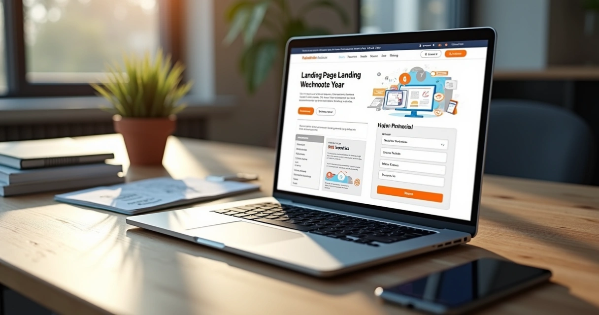 Computador com tela mostrando landing page moderna e elementos visuais de conversão como botões, gráficos e formulários destacados 
