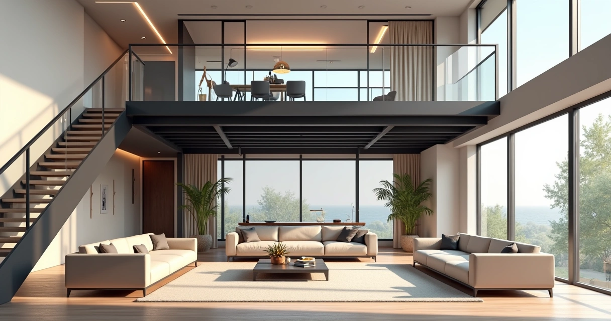 Mezanino integrado ao design da sala 