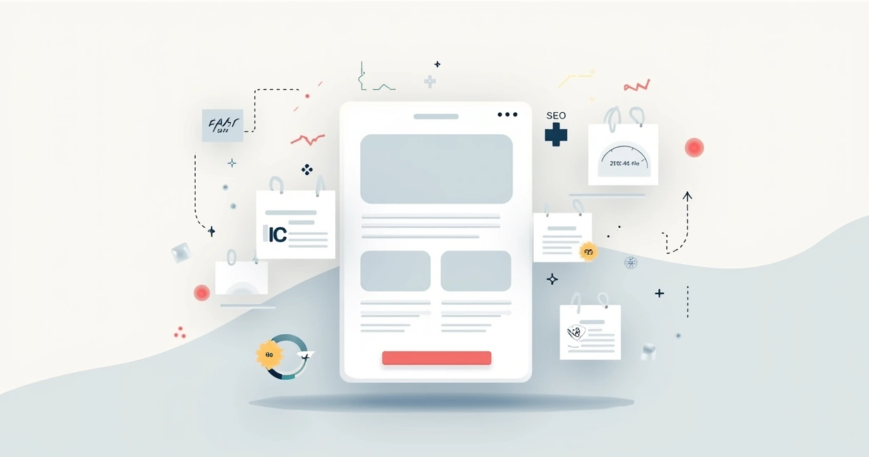 Layout de landing page minimalista em tela flutuante sobre fundo claro 