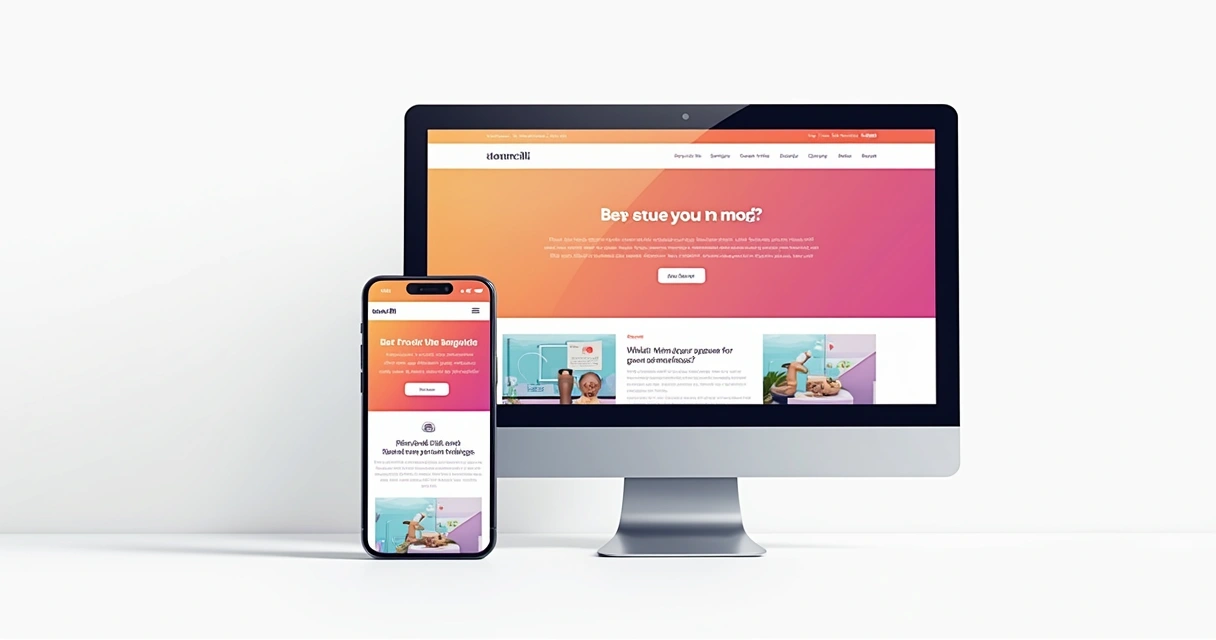 Mockup de site mobile e desktop lado a lado em fundo branco, mostrando diferenças no design