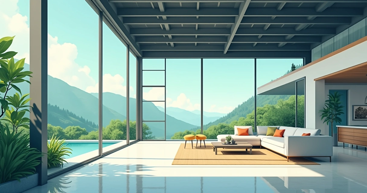 Casa moderna com grandes vãos e estrutura de aço aparente 