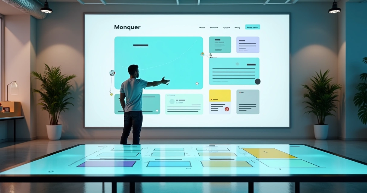 Designer organizando blocos modulares de site em grande painel digital 