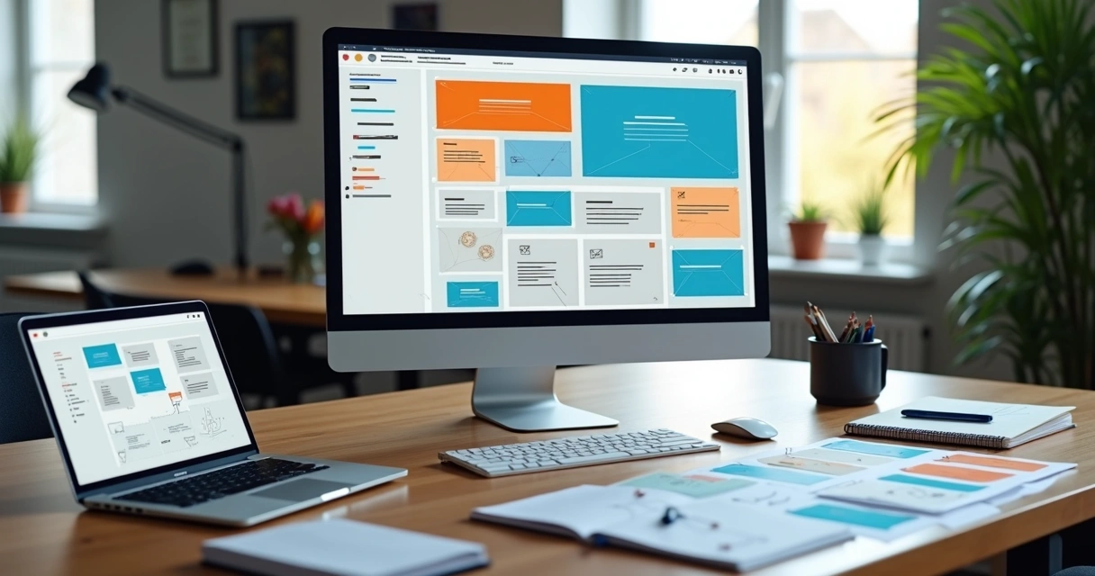 Tela de computador com layout de site em blocos modulares coloridos 