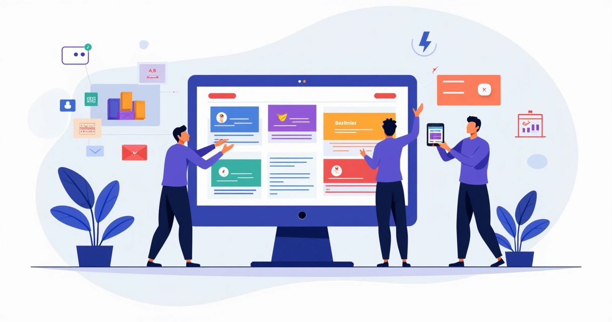 Ilustração de site em blocos modulares sendo montado por profissionais de agência 