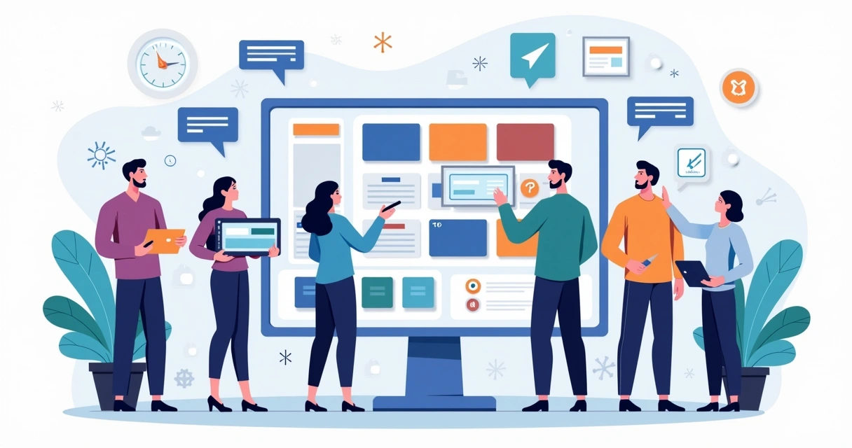 Equipe de web designers montando layout de site em blocos modulares 