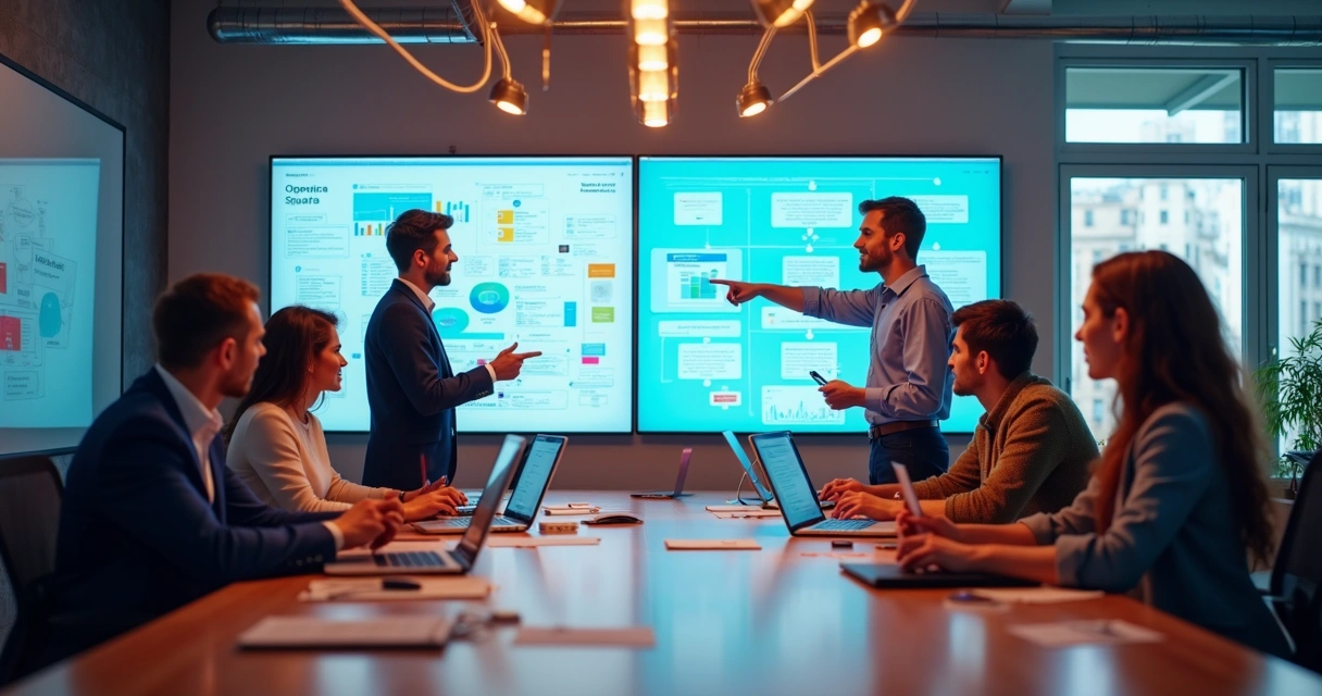 Tech team collaborating around screen with flowcharts 