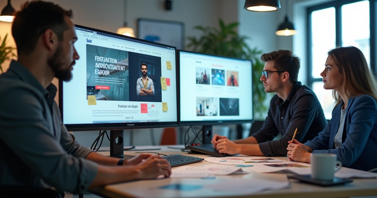 Layout profissional de site sendo ajustado na tela de um monitor 