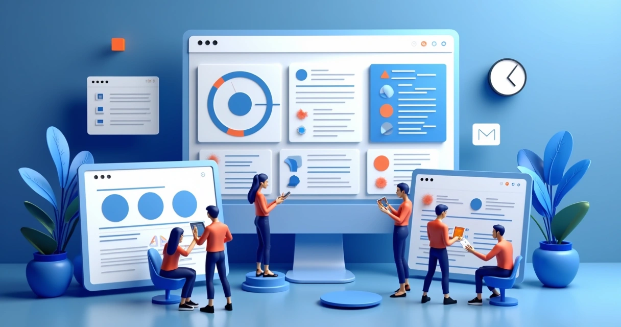 Painel digital mostrando fluxo de trabalho em equipe de design 