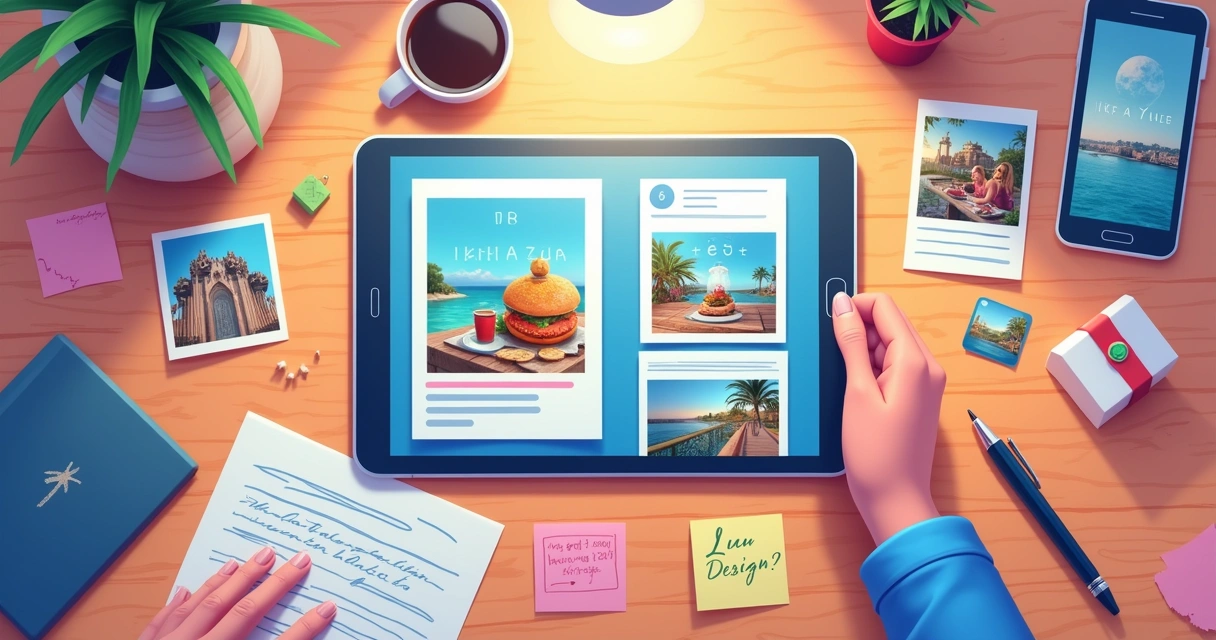 Conteúdo para Instagram: como planejar, criar e postar com estratégia 3 Ilustração de uma mesa de trabalho com um tablet, paleta de cores e imagens de qualidade para posts no Instagram.