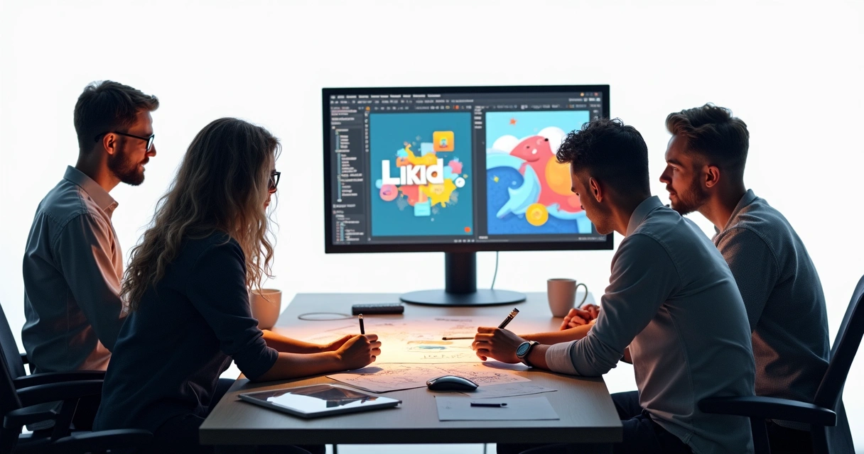 Equipe reunida revisando artes digitais para redes sociais em computadores grandes 