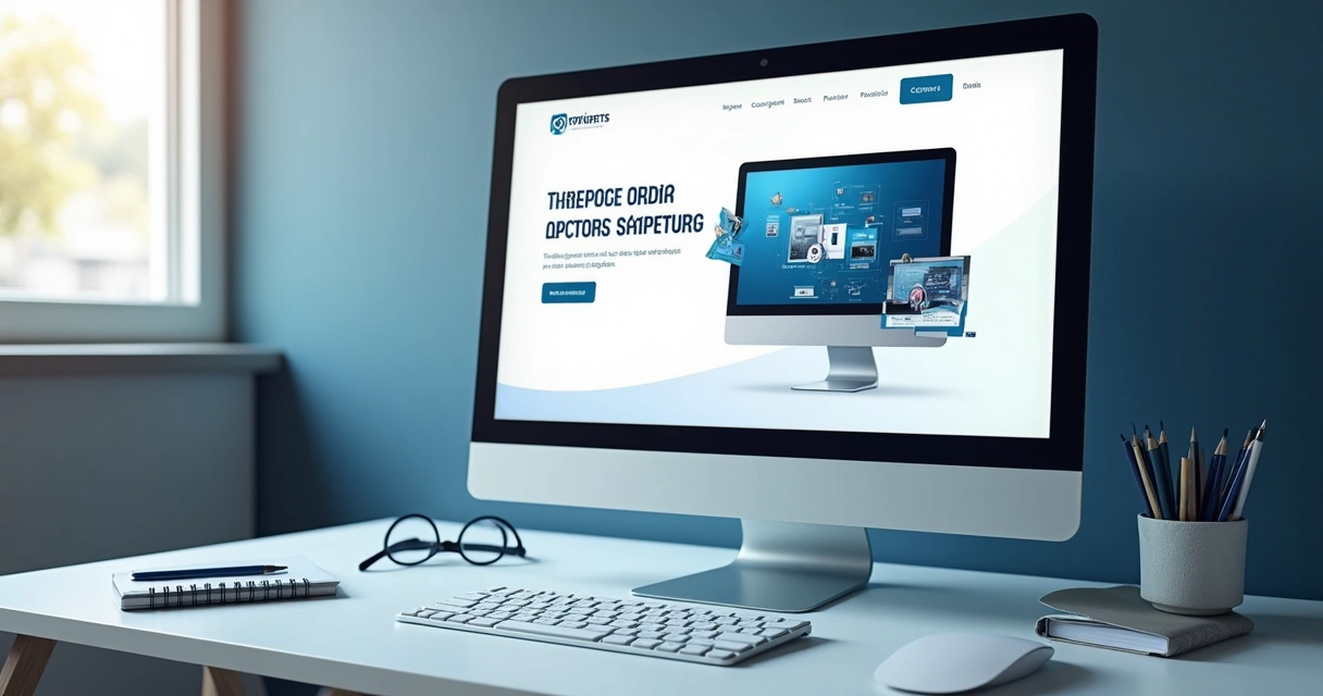 Layout de site profissional aberto em monitor de mesa 