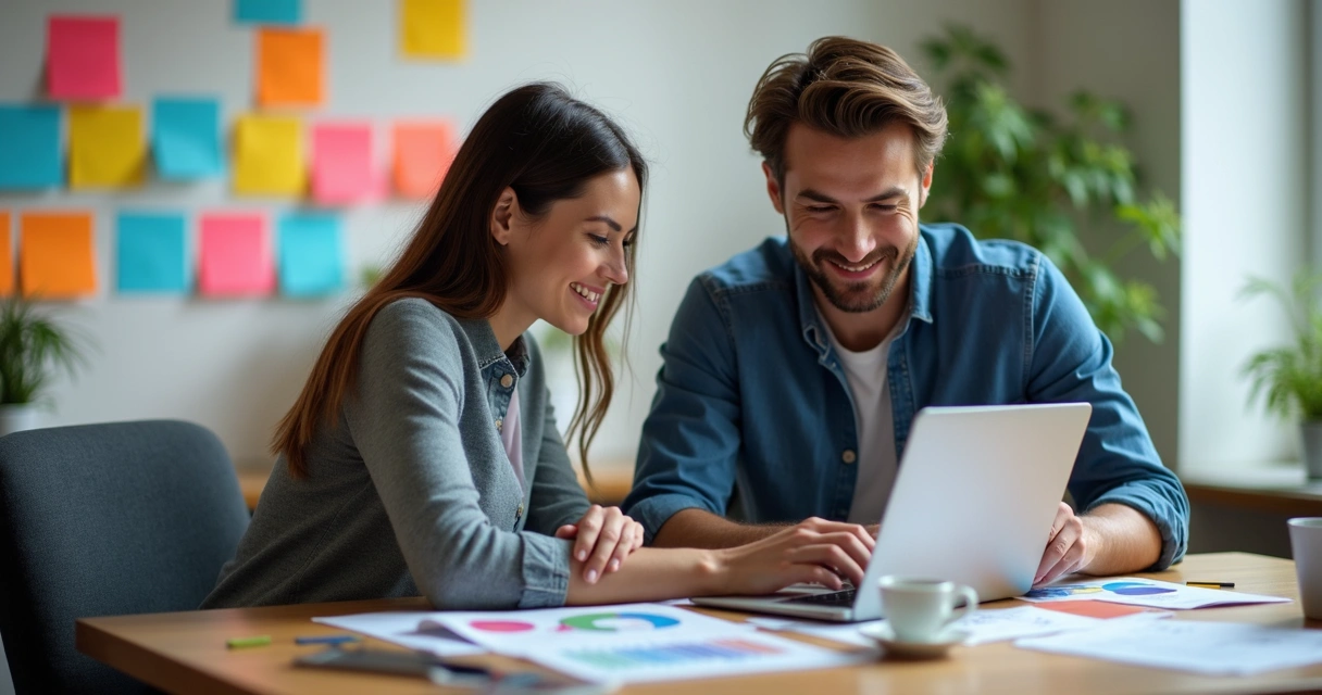 Designer e comercial desenvolvendo proposta interativa B2B 