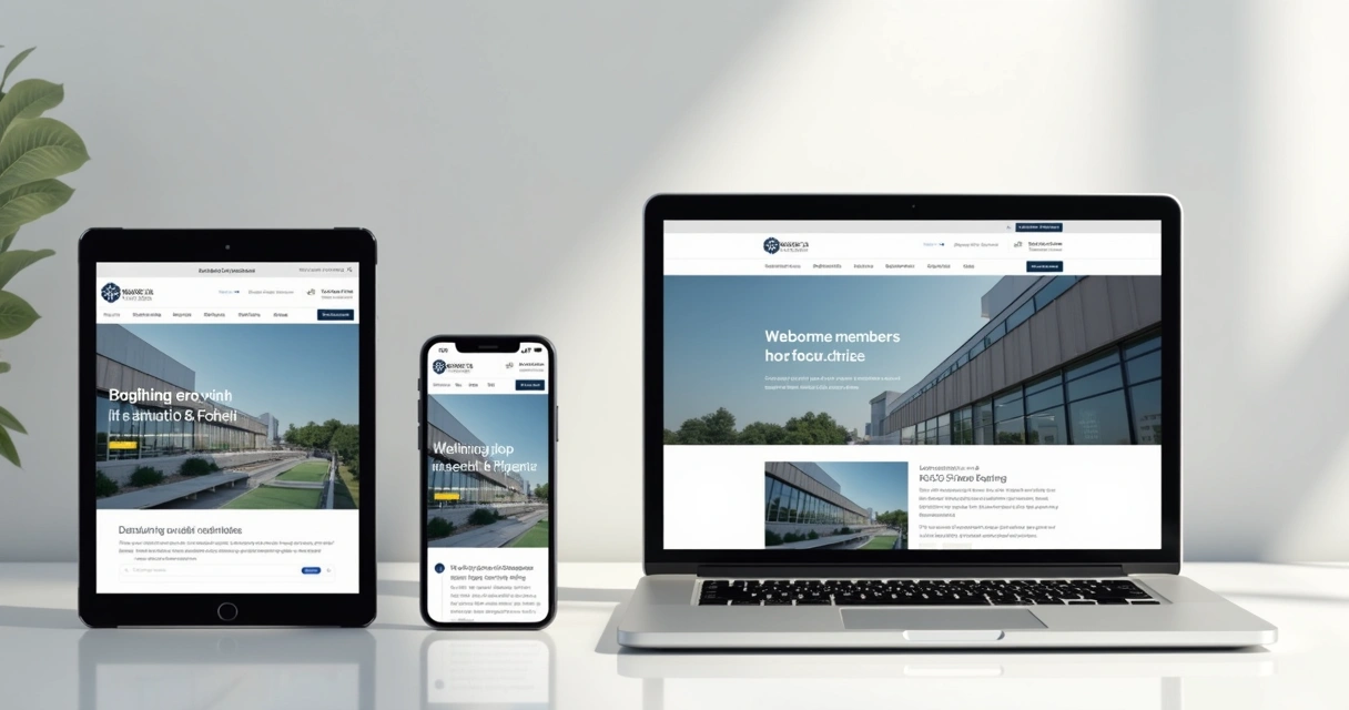 Protótipos de site institucional exibidos em notebook, tablet e smartphone 