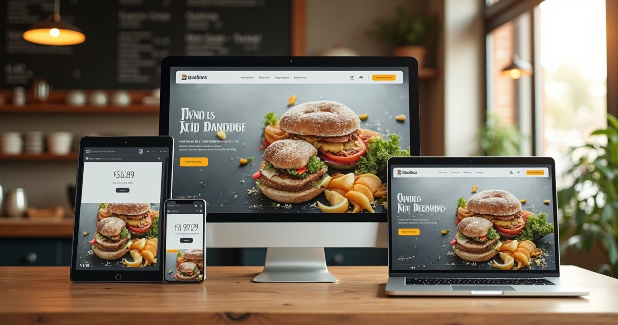 Interface de delivery adaptada em vários dispositivos sobre balcão de restaurante 