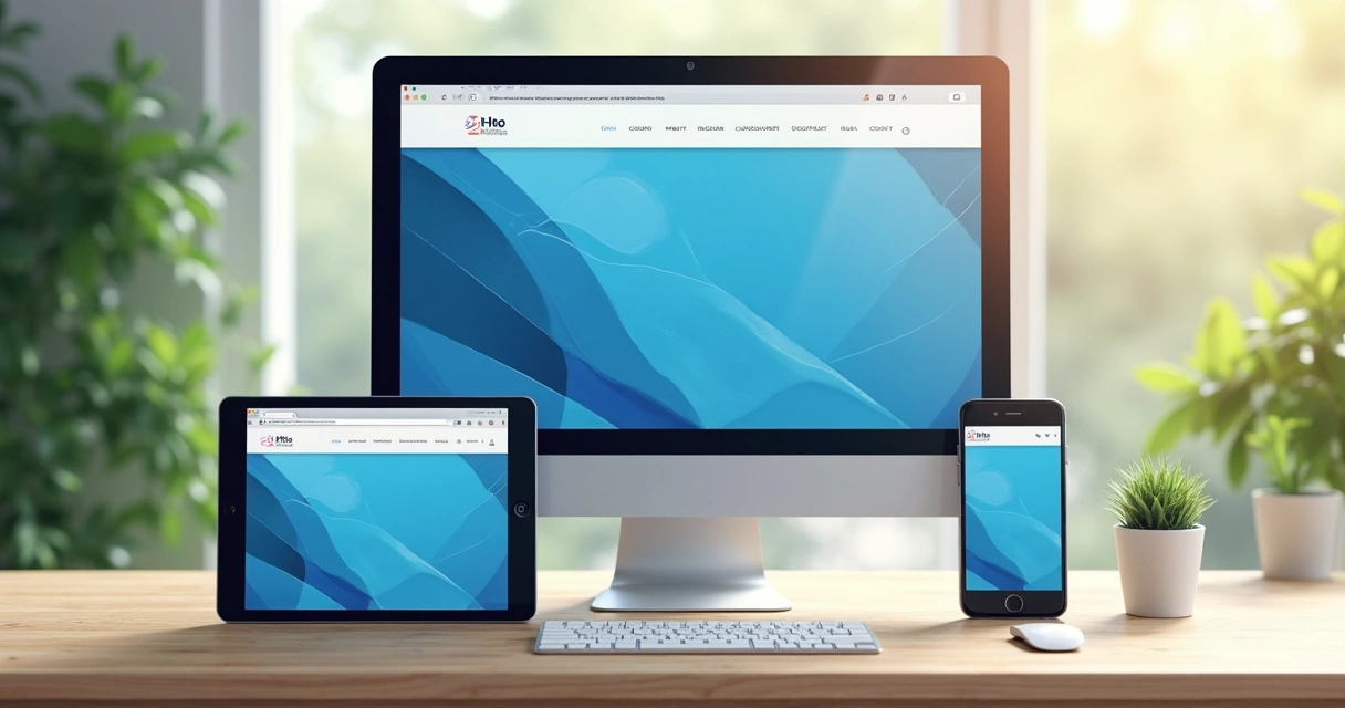 Layout de site exibido em diversos dispositivos digitais na mesma mesa