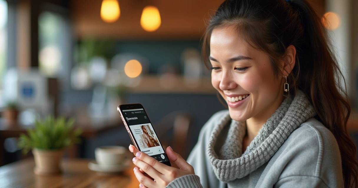 Usuário navegando em site adaptado no celular e sorrindo 