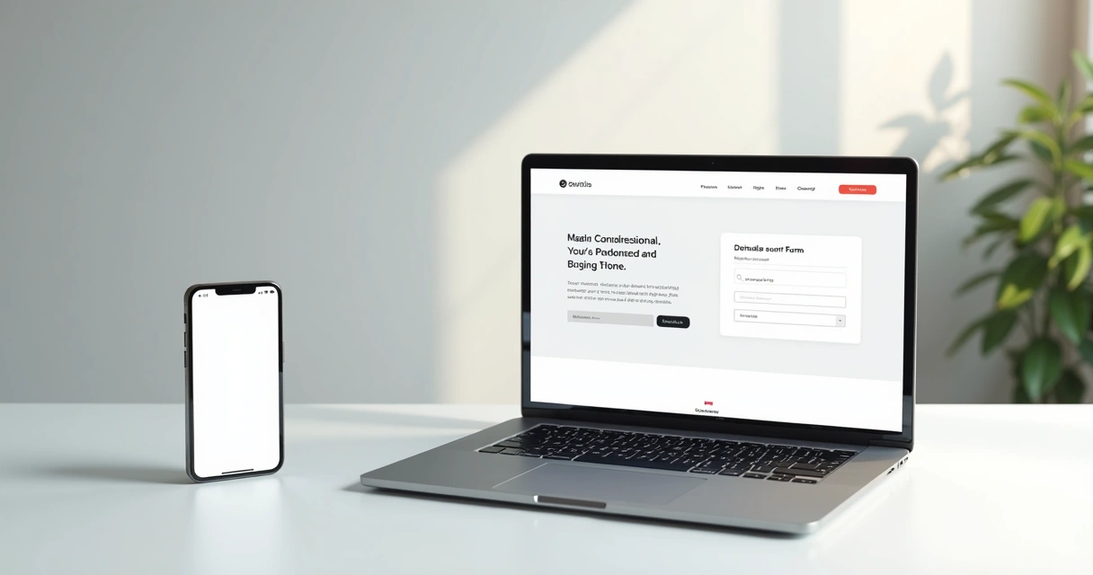 Smartphone e notebook lado a lado exibindo layout de landing page moderna 