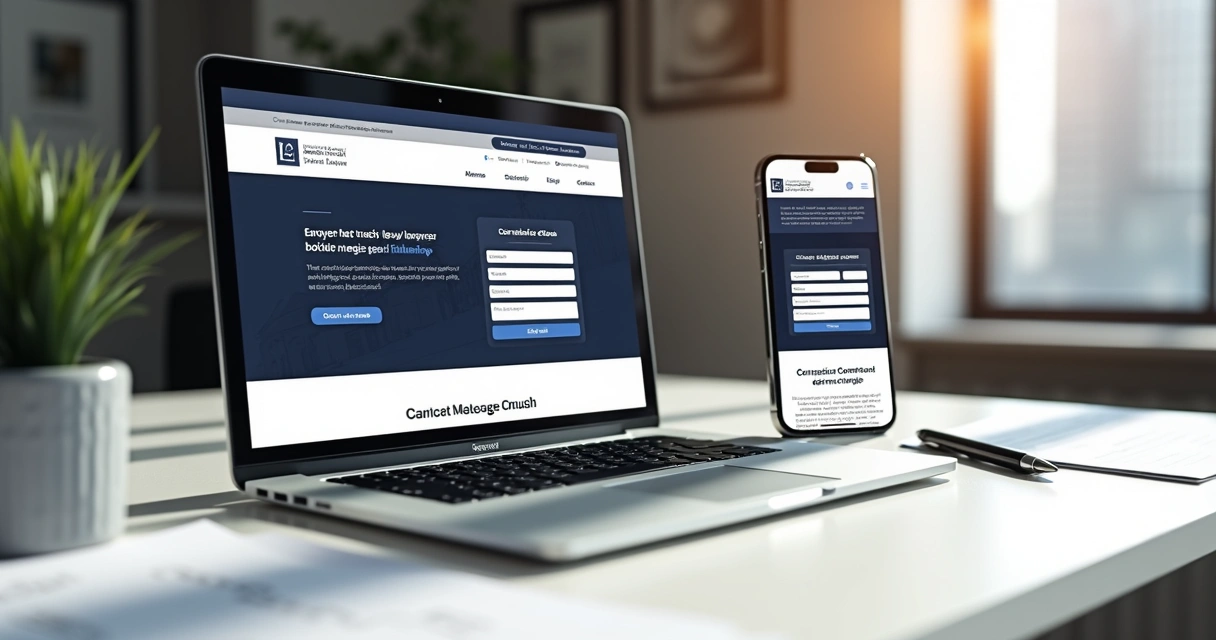 Landing page jurídica exibida em notebook e celular sobre uma mesa clara 