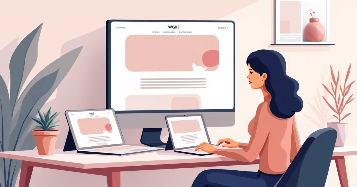 Mulher empreendedora analisando layout responsivo em diferentes dispositivos 