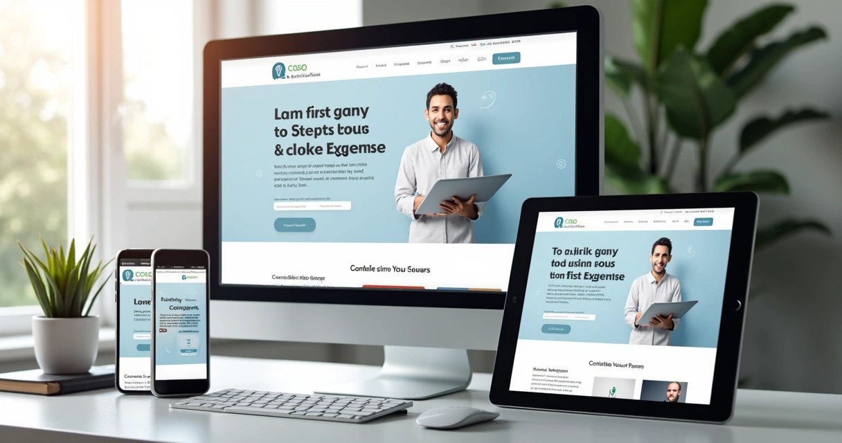 Prévia de site responsivo em monitor, tablet e celular sobre mesa 