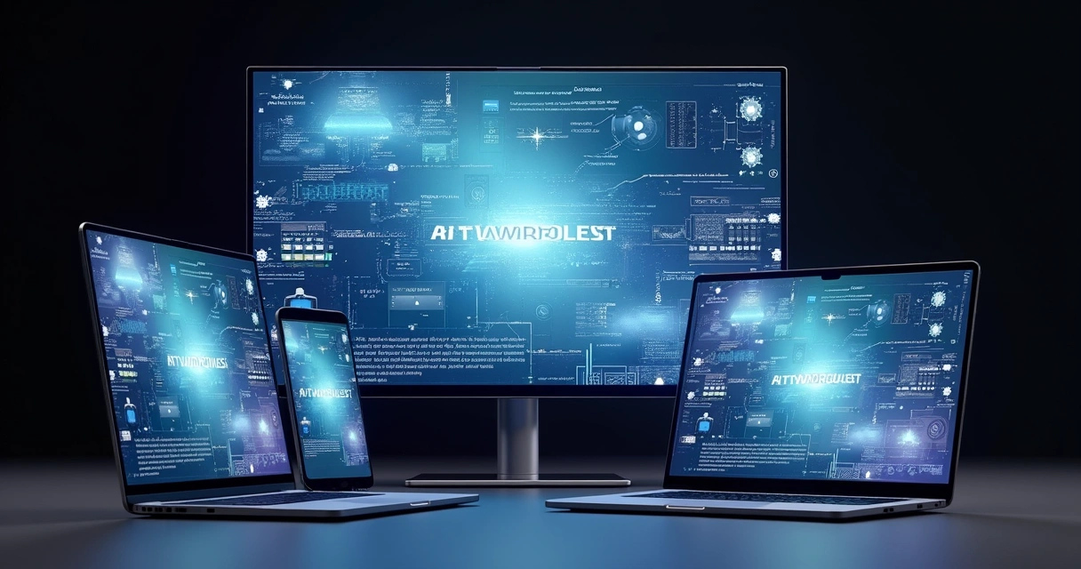 Vários dispositivos eletrônicos exibindo interfaces de software responsivo em diferentes tamanhos de tela, com fundo clean e iluminação natural 