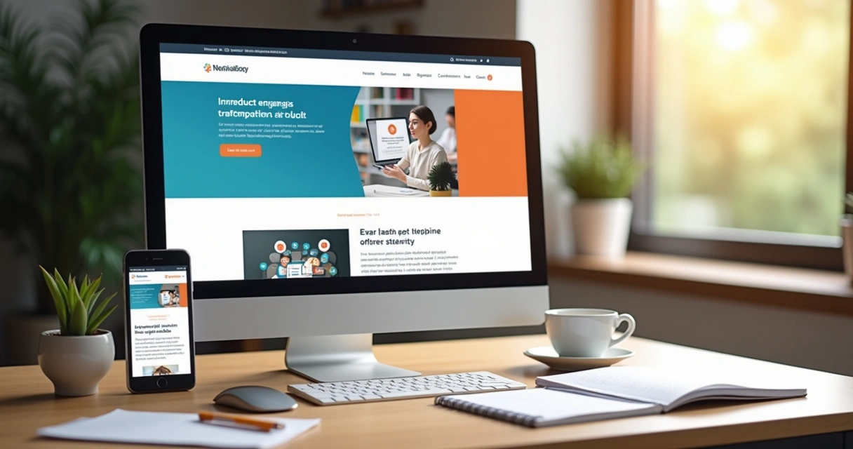 Site responsivo em computador e smartphone sobre mesa de madeira