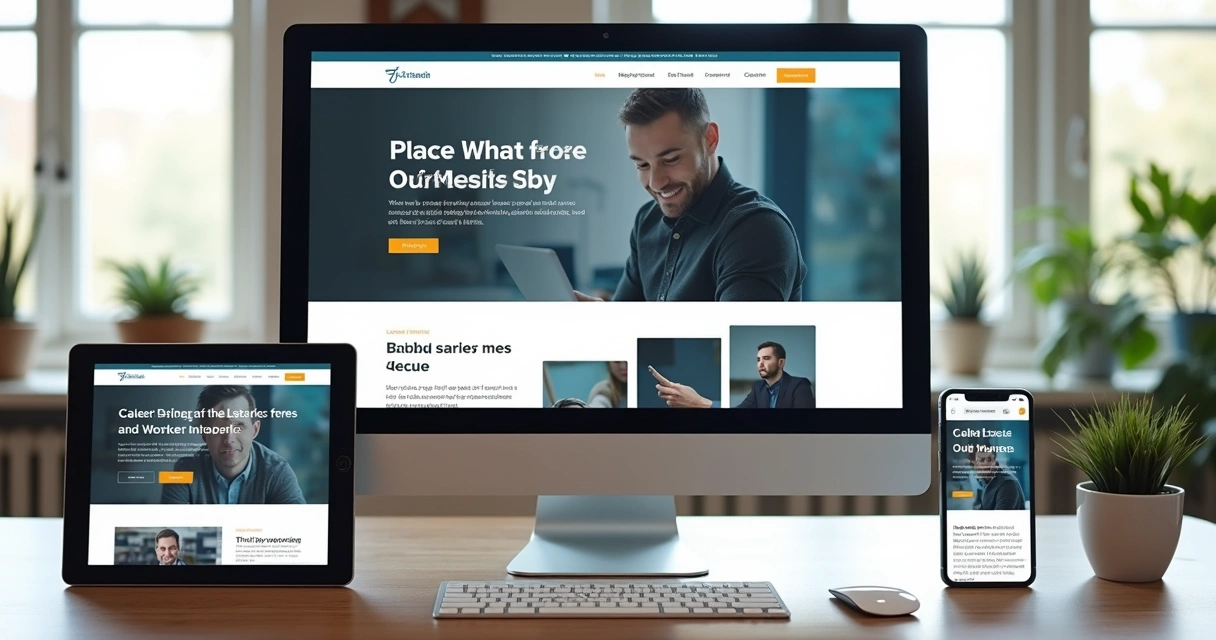 Exemplo de site institucional responsivo em desktop, tablet e smartphone lado a lado