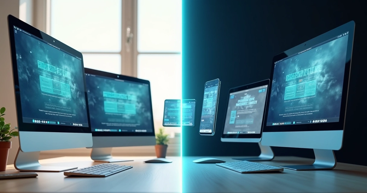 Tela dividida mostrando design responsivo fluido e design adaptativo em layouts fixos 