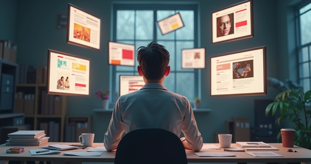 Modelagem 3D mostrando um designer frustrado diante de vários projetos gráficos mal organizados e com baixa qualidade visual em telas flutuantes 