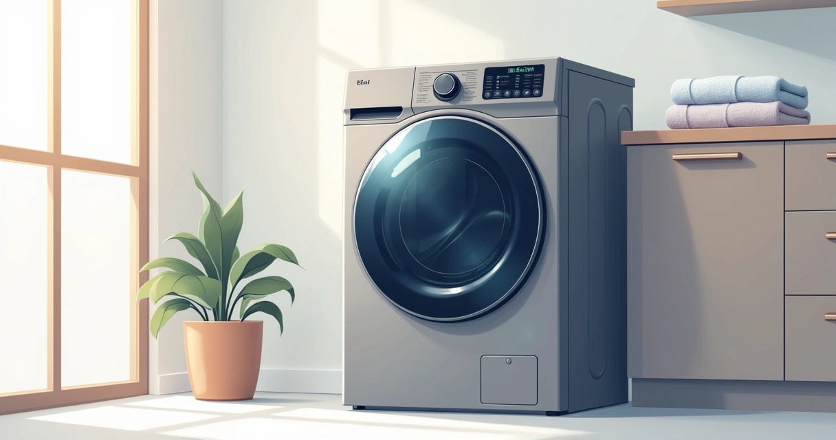 Secadora moderna de cor cinza com painel digital e porta de vidro em lavanderia elegante 