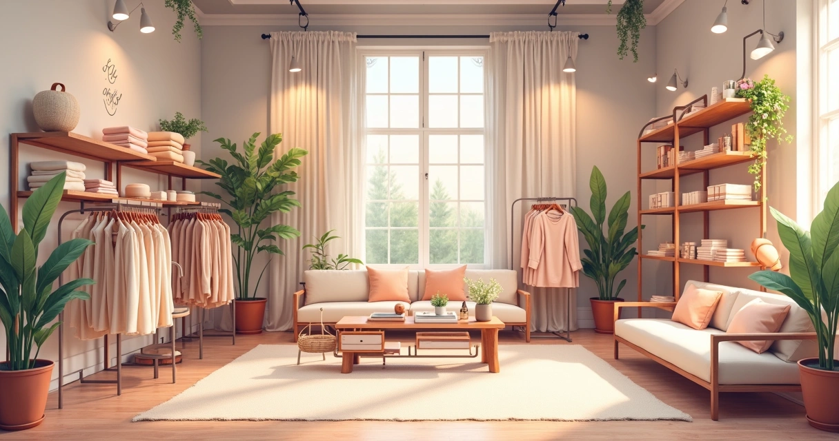 Vitrine de loja feminina com elementos sensoriais como tecidos, flores e iluminação suave 