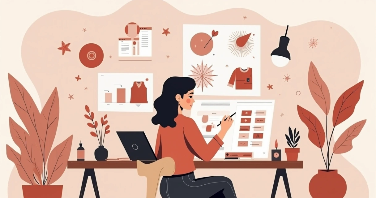 Ilustração de mulher criando identidade visual sensorial em ambiente moderno 