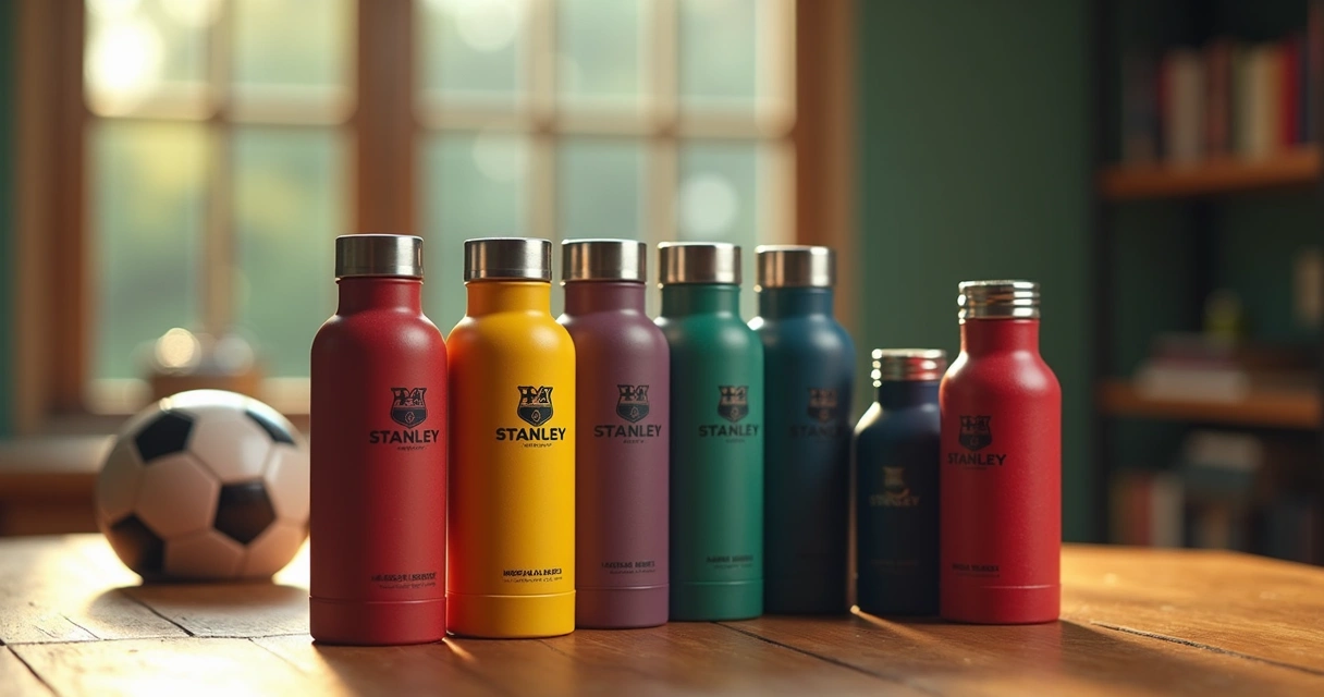 Linha de produtos Stanley com design do Messi exibida em mesa esportiva 