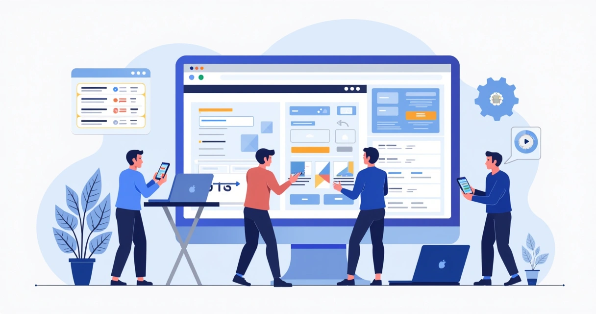 Principais componentes visuais de design system exibidos em tela com botões, menus e cards 