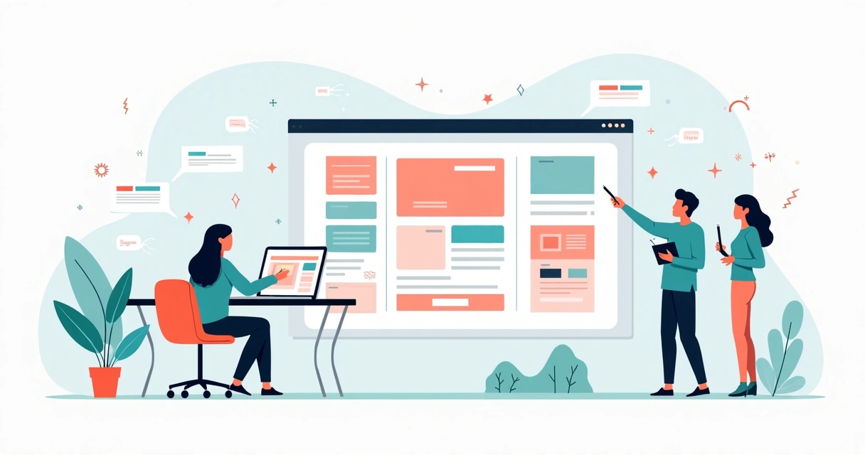 Ilustração de designers planejando componentes de design system em uma grande tela com blocos organizados 