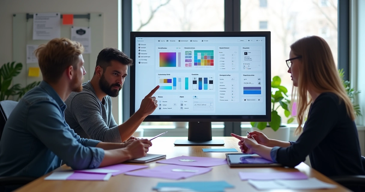 Equipe colaborando em frente a tela com sistema de design digital 