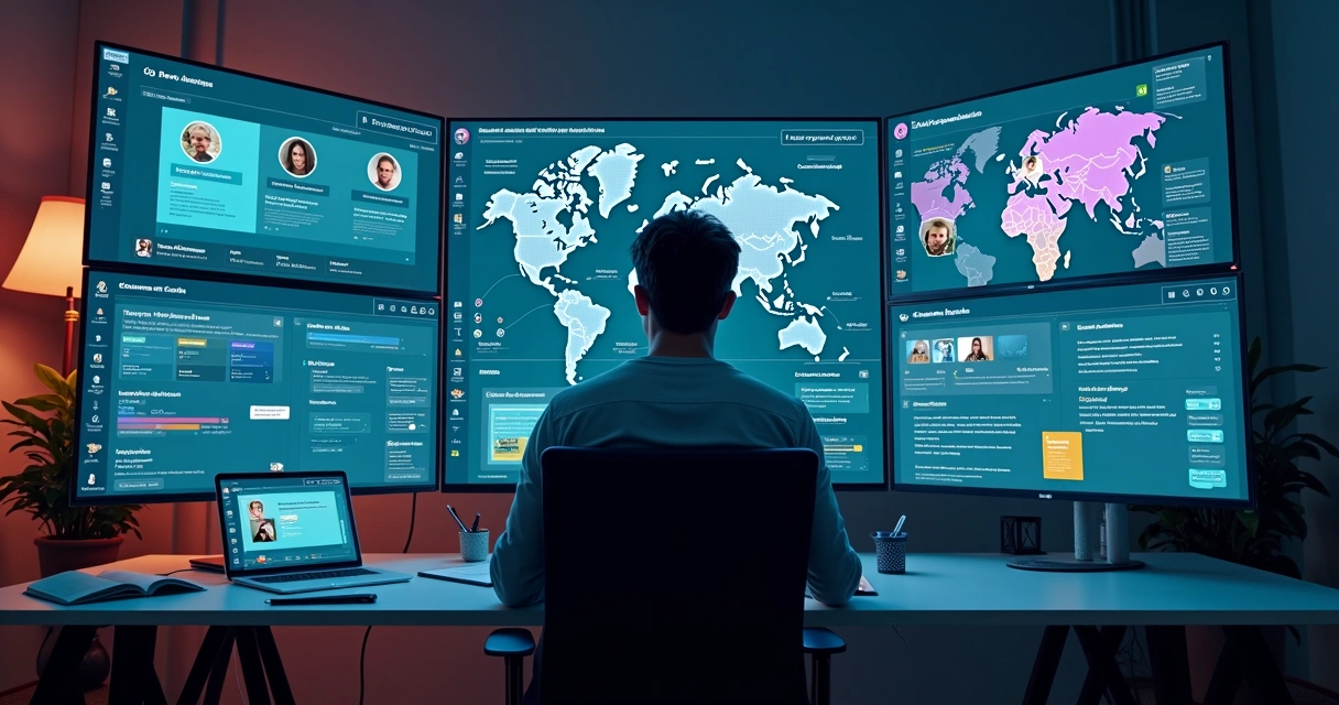 Designer trabalhando em design system com interface global em tela gigante 