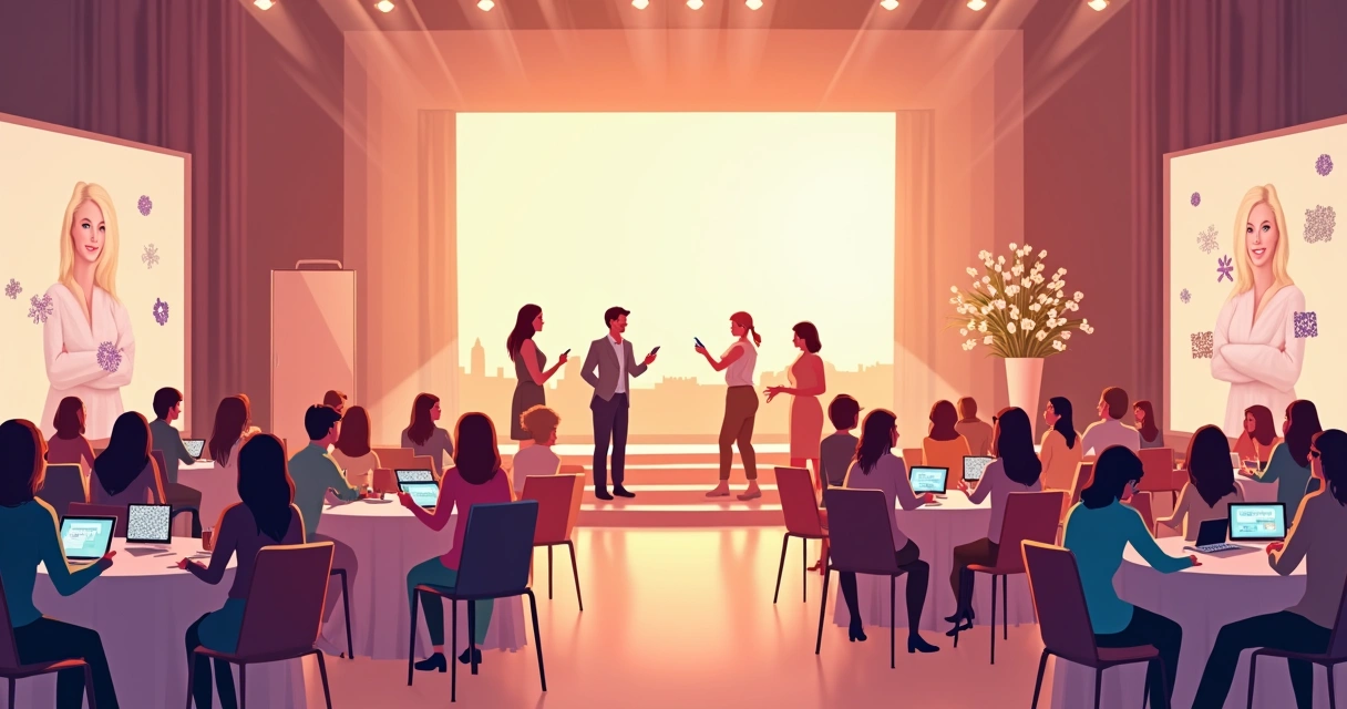 Evento feminino com uso de tecnologia, como QR codes e totens digitais 