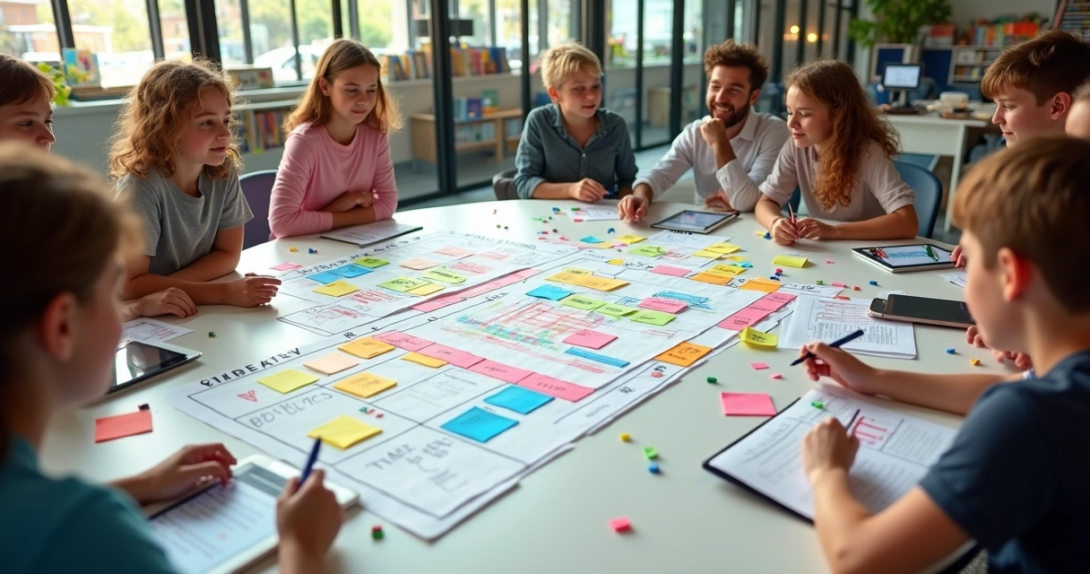 Mesa redonda com educadores e estudantes criando mapa colorido de ideias na gestão escolar 