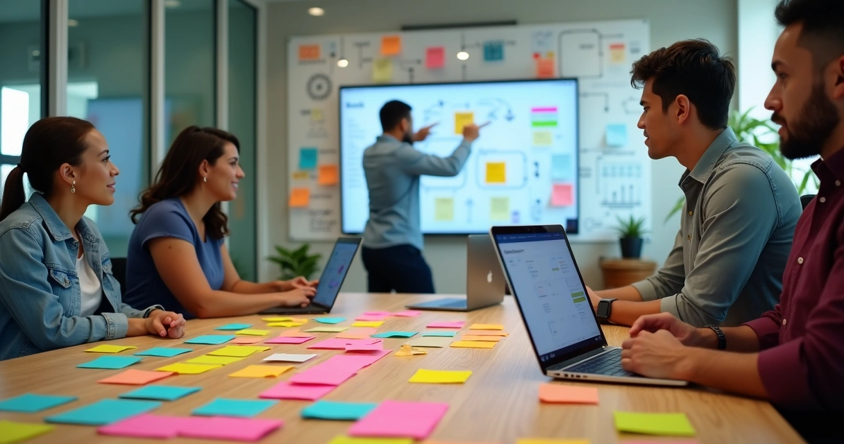 Equipe colabora em mesa com post-its coloridos e telas exibindo fluxo no-code 