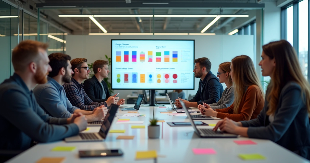 Equipe de design e desenvolvimento reunida em torno da tela, discutindo tokens de design 